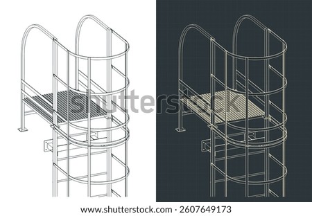 Stylized vector illustrations of isometric blueprints of fire escape