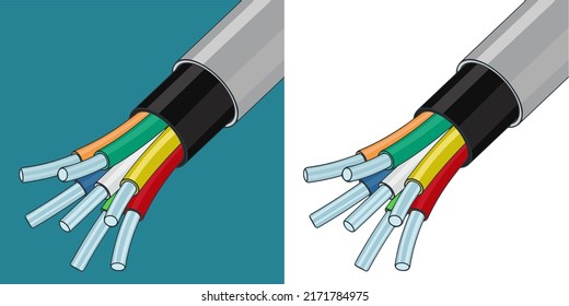 Stylized vector illustrations of isometric color drawings of electric cable structure