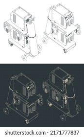 Ilustraciones vectoriales estilizadas de dibujos isométricos de máquinas soldadoras en el carro de soldadura