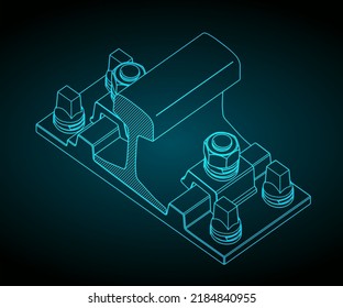 Stylized vector illustrations of isometric drawings of clamp rail fastening system