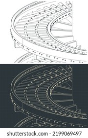 Stylized vector illustrations of isometric drawings of vertical spiral conveyor close up