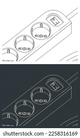 Stylized vector illustrations of isometric drawings of extension cord with 6 sockets outlet earthed close up