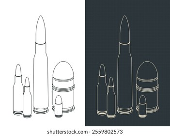 Stylized vector illustrations of isometric drawings of bullets of various NATO calibers