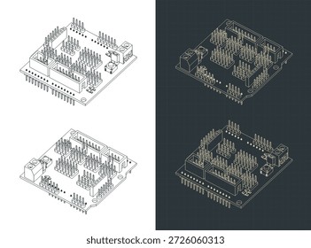 Stylized vector illustrations of isometric drawings of arduino uno sensor shield