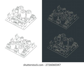 Ilustraciones vectoriales estilizadas de dibujos isométricos de un tablero de amplificador de audio estéreo Hi-Fi