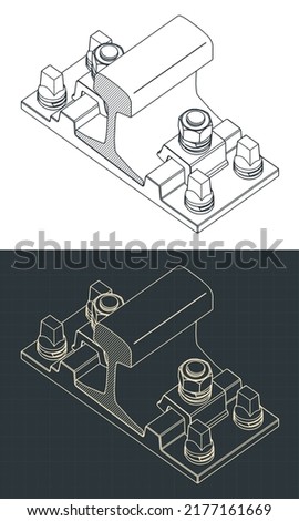 Stylized vector illustrations of isometric drawings of clamp rail fastening system