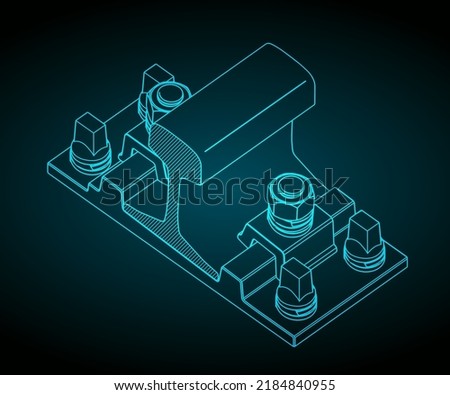 Stylized vector illustrations of isometric drawings of clamp rail fastening system