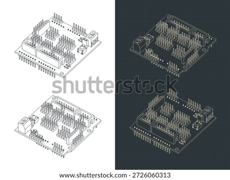Stylized vector illustrations of isometric drawings of arduino uno sensor shield