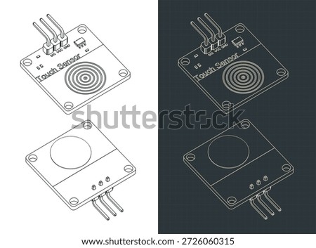 Stylized vector illustrations of isometric drawings of capacitive touch sensor