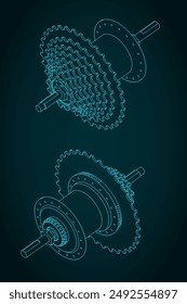 Ilustraciones vectoriales estilizadas de planos técnicos isométricos de un Buje de Bicicleta con casete