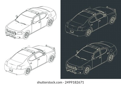 Stylized vector illustrations of isometric technical drawings of a police car