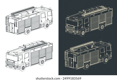 Ilustraciones vectoriales estilizadas de dibujos técnicos isométricos de un camión de bomberos