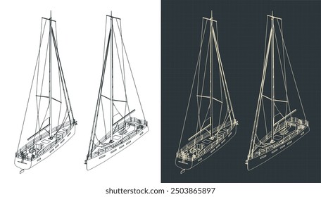 Stylized vector illustrations of isometric technical drawings of a sailing yacht