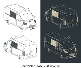 Stylized vector illustrations of isometric technical drawings of a police van