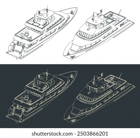 Stylized vector illustrations of isometric technical drawings of a luxury yacht