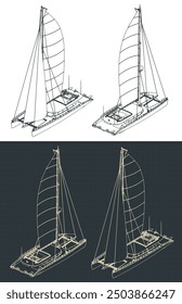 Stylisierte Vektorgrafiken von isometrischen technischen Zeichnungen eines großen Segelkatamarans