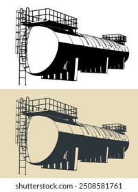 Ilustrações vetoriais estilizadas de um grande tanque de armazenamento horizontal