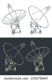 Stylized vector illustrations of a large radio telescope blueprints