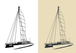 Stylized vector illustrations of a large sailing catamaran