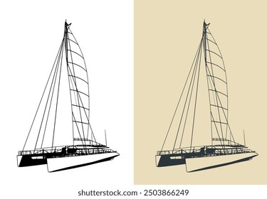 Stylized vector illustrations of a large sailing catamaran