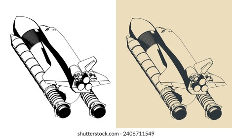 Stylized vector illustrations of launch vehicle and space shuttle