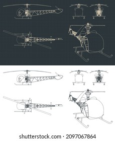 Stylized vector illustrations of light helicopter blueprints