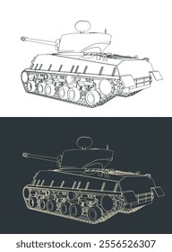 Stylized vector illustrations of a M4 Sherman tank blueprints