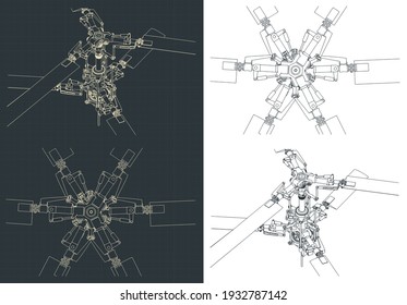 Stylized vector illustrations of mechanism of helicopter coaxial main rotor drawings