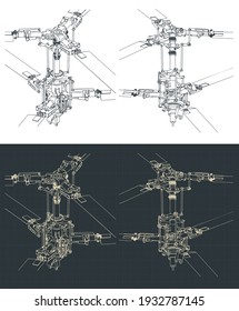 Stylized vector illustrations of mechanism of helicopter coaxial main rotor drawings