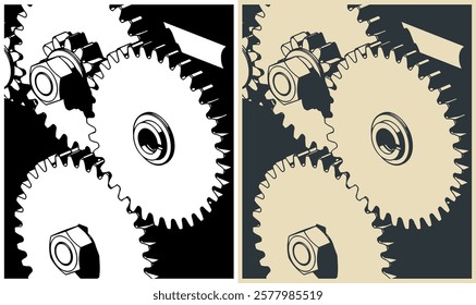 Stylized vector illustrations of a mechanisms close-up