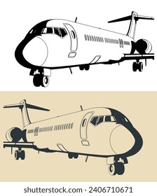 Stylized vector illustrations of a medium range passenger aircraft close-up