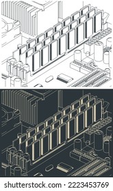 Stylized vector illustrations of memory modules on the motherboard close up