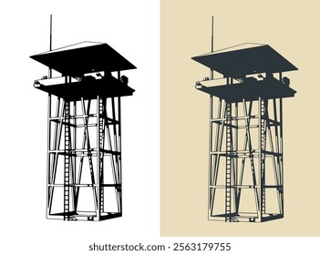 Stylized vector illustrations of military watchtower