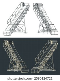 Stylized vector illustrations of a mine conveyor isometric blueprints