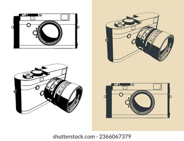 Stylized vector illustrations of mirrorless rangefinder camera