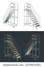 Stylized vector illustrations of mobile mobile maintenance ladder