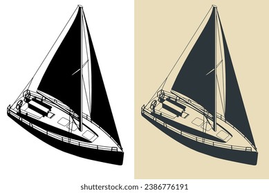 Stylized vector illustrations of modern sailing yacht