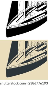 Stylized vector illustrations of modern sailing yacht close up