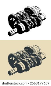 Stylized vector illustrations of a motorcycle transmission