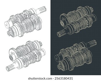 Stylized vector illustrations of a motorcycle transmission blueprints