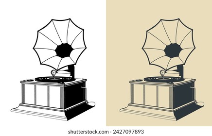 Stylized vector illustrations of old vintage gramophone