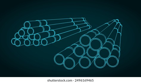 Stilisierte Vektorgrafiken zum Thema Bau und Baustoffe. Installationsreife der Abwasserrohre