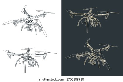 Stylized Vector Illustrations Of The Outline Of A Large Drone