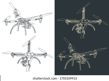 Stylized vector illustrations of the outline of a large drone