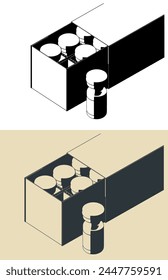 Stylized vector illustrations of packaging glass ampoules with medicine for injection close-up
