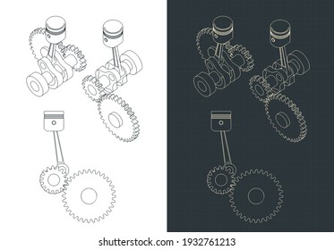 Stylized Vector Illustrations Of Piston And Crank Mechanism Drawings