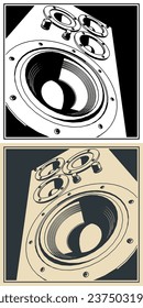 Stylized vector illustrations of powerful floor-standing speakers