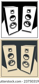 Stylized vector illustrations of powerful floor-standing speakers