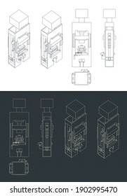 Stylized vector illustrations of powerful industrial hydraulic press drawings