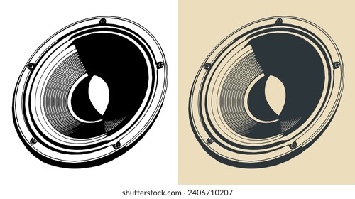 Stylized vector illustrations of a powerful subwoofer speaker close-up
